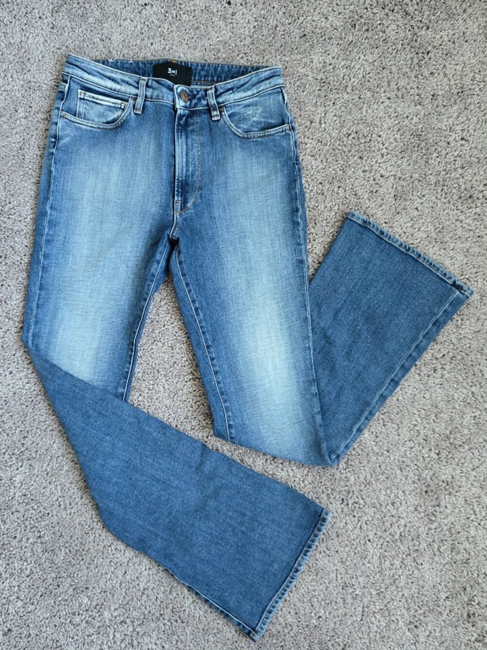 3 X 1 NYC Farrah High Rise Flare Jeans Medium Wash Blue Premium Stretch Denim 27